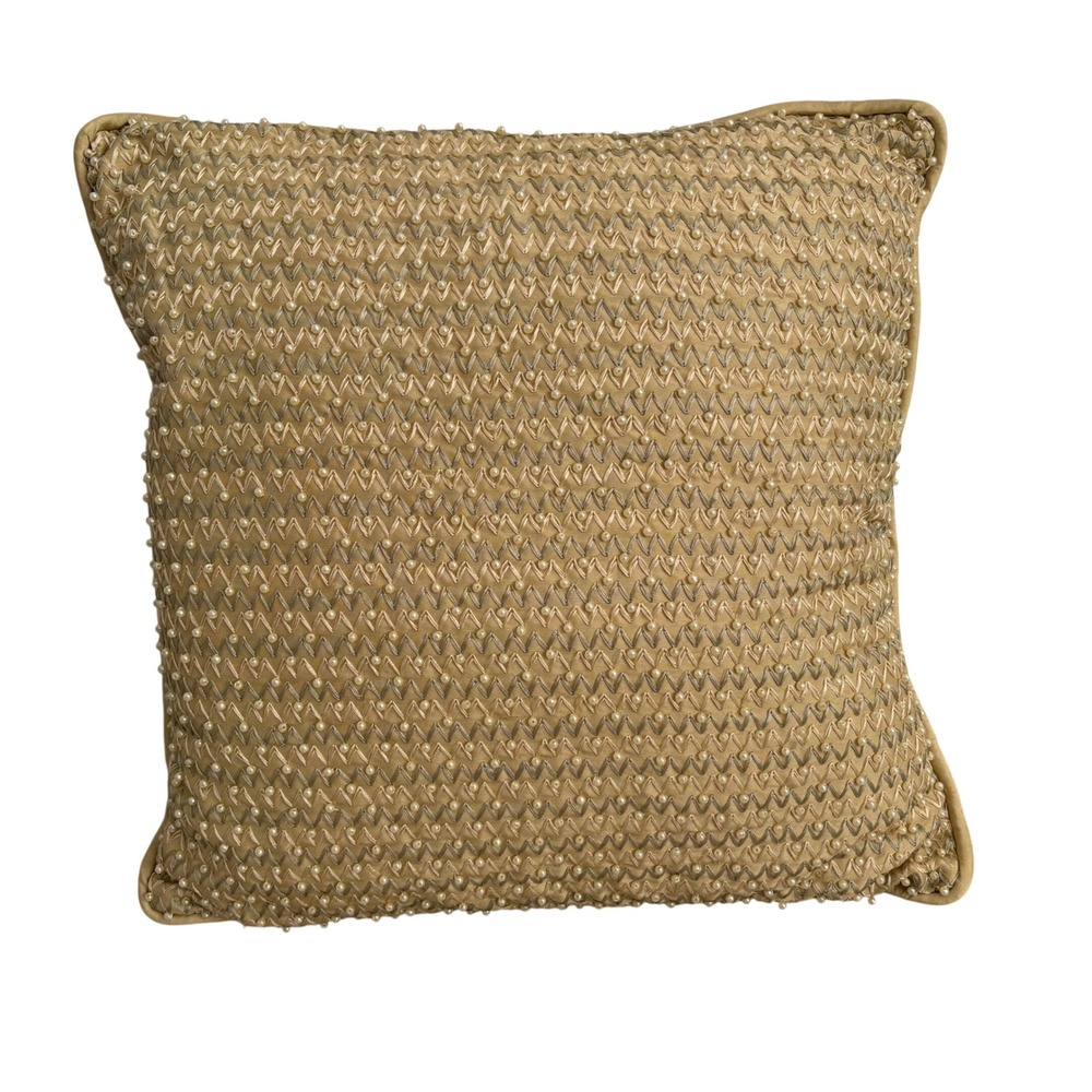 Gold Beaded Chevron Silk Throw Pillow Faux Pearl‎ Embroidered Square Accent 16in